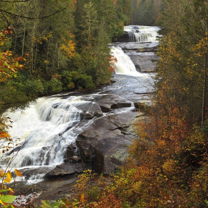 a large waterfall in a forest