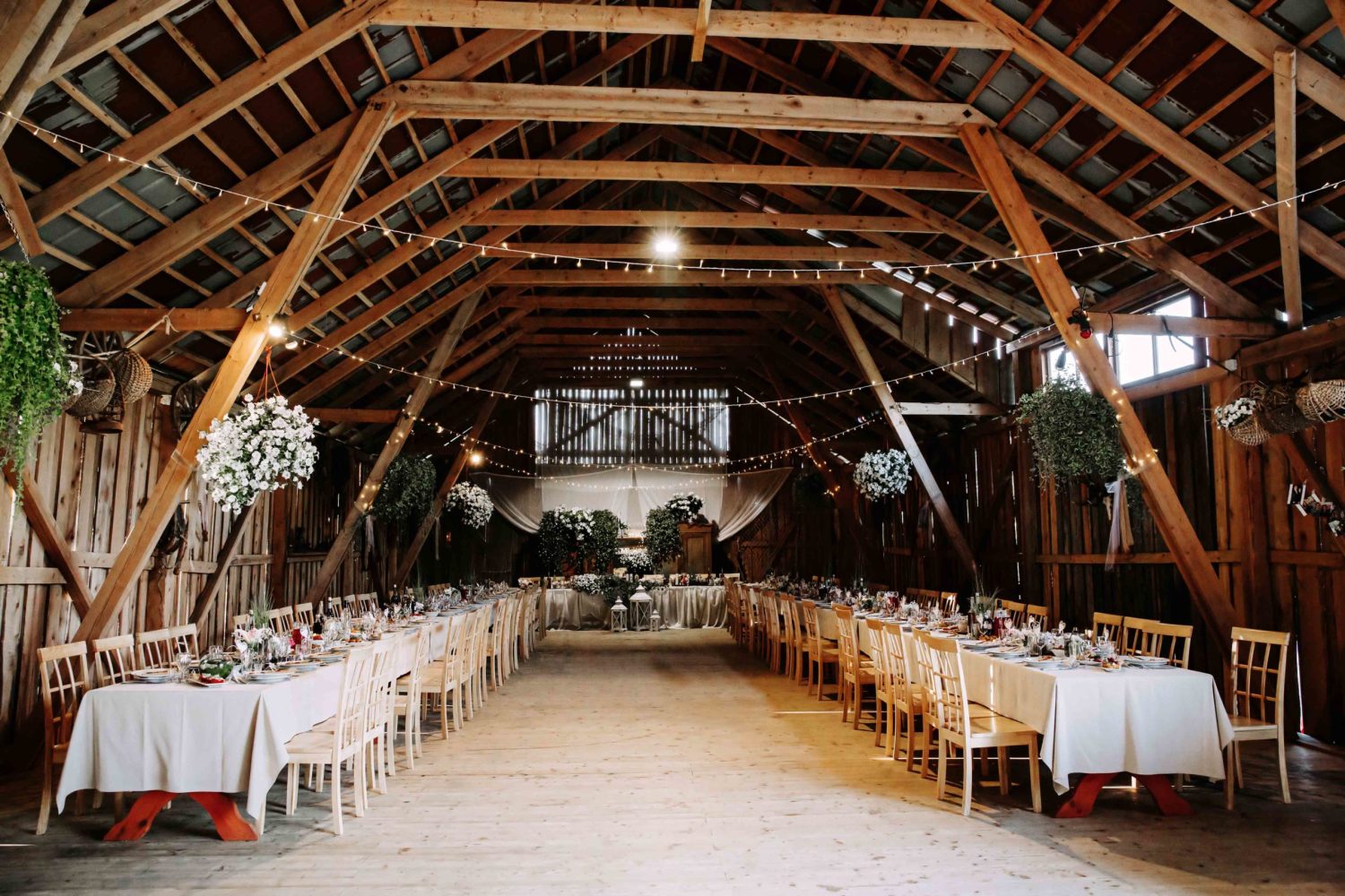 a dining room table in front of a building