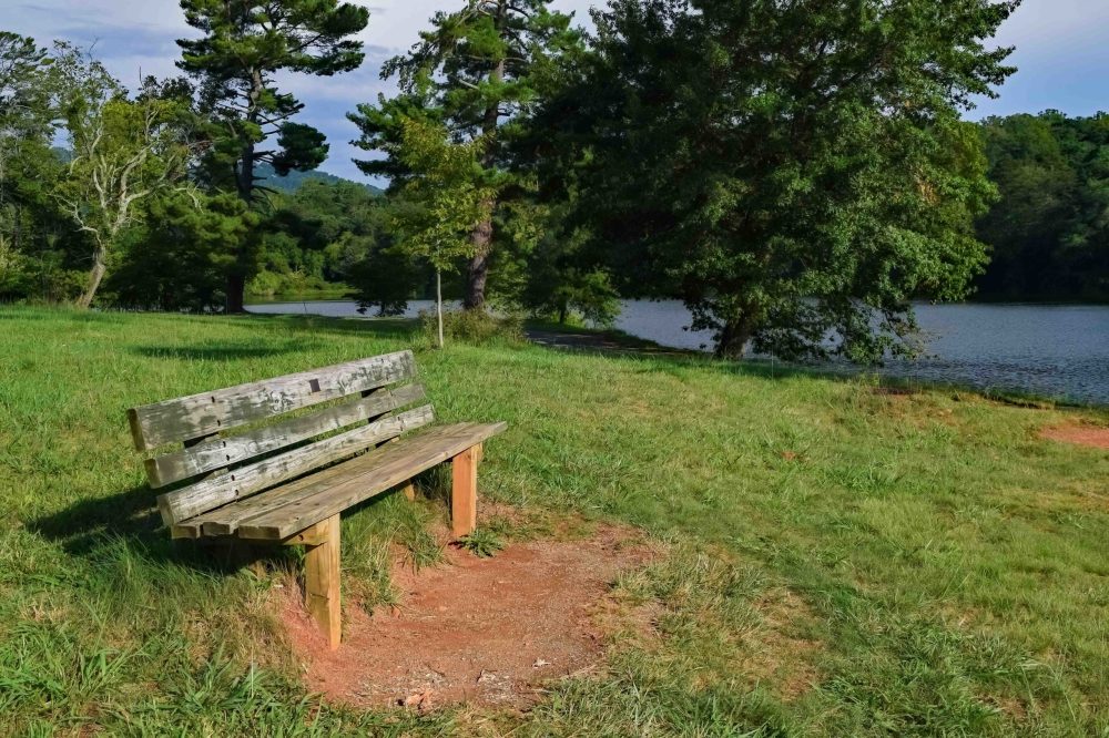 a wooden park bench sitting in front of a body of water
